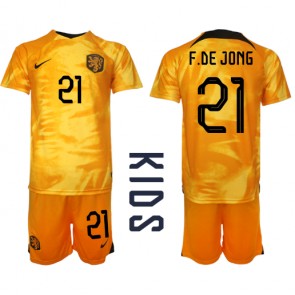 Holandsko Frenkie de Jong #21 Dětské Domácí dres komplet MS 2022 Krátký Rukáv (+ trenýrky)
